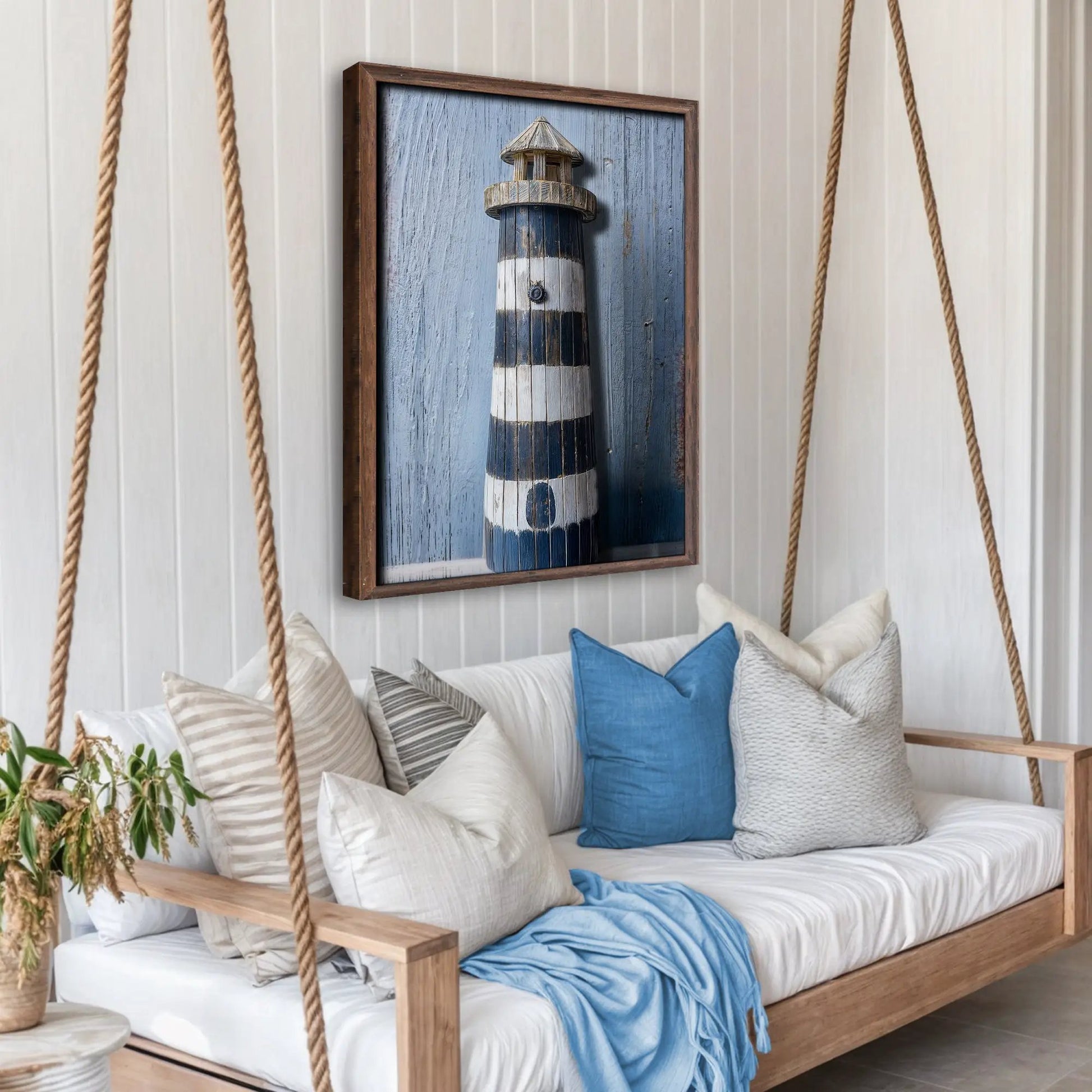 Wooden Lighthouse Coastal Wall Art Canvas in rustic frame on blue background by Tailored Canvases on Tampa Home & Garden Store