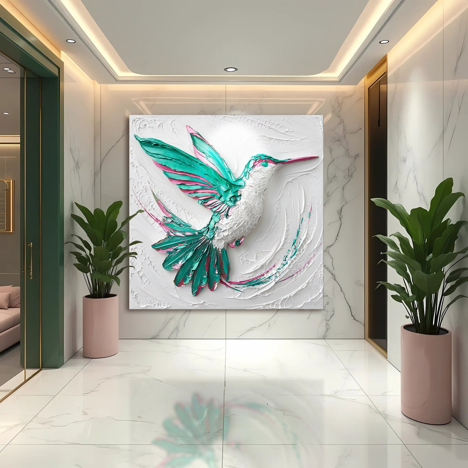 3D hummingbird wall art canvas by Tailored Canvases; white relief with teal and pink bird on Tampa Home & Garden Store