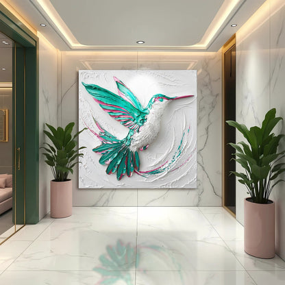 3D hummingbird wall art canvas by Tailored Canvases; white relief with teal and pink bird on Tampa Home & Garden Store