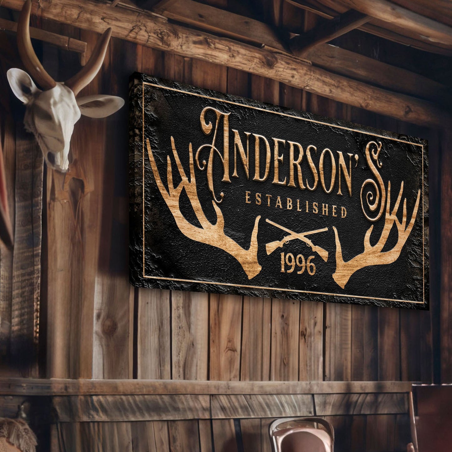Personalized Family Antler Sign II canvas sign by Tailored Canvases, black with antler motif on Tampa Home & Garden Store