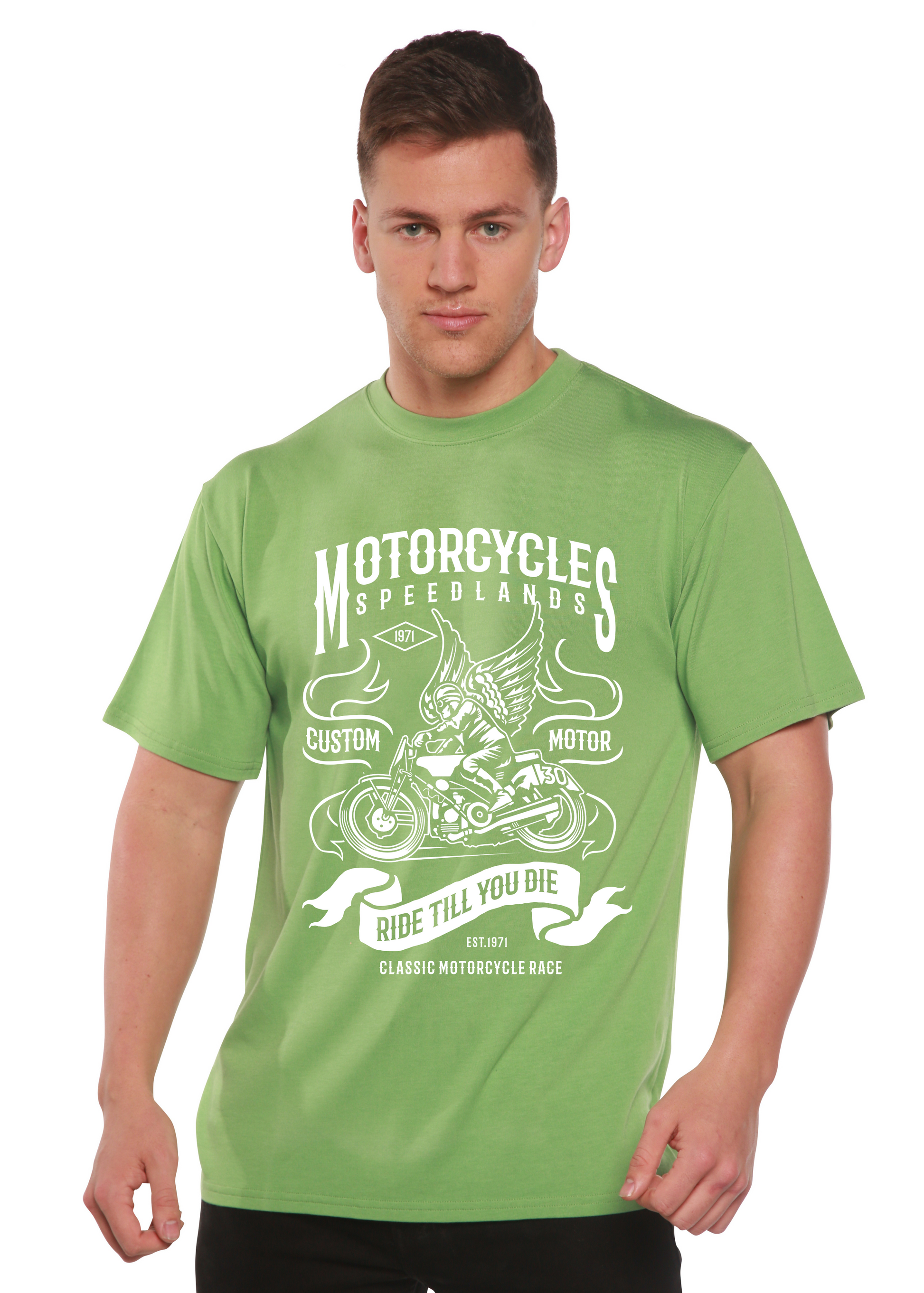 Motorcycles men's bamboo viscose/organic cotton graphic tee in green with motorcycle print on Tampa Home & Garden Store
