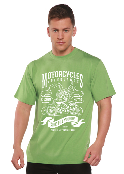 Motorcycles men's bamboo viscose/organic cotton graphic tee in green with motorcycle print on Tampa Home & Garden Store