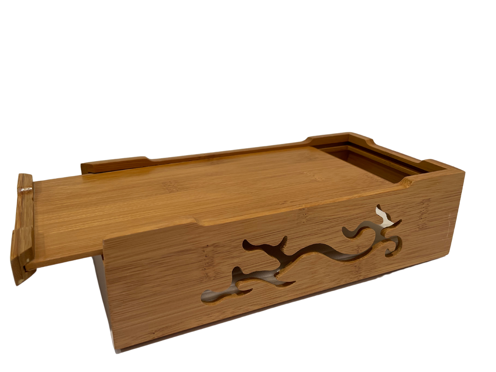 Bamboo tissue box cover with carved dragon motif in natural wood finish by Spun Bamboo on Tampa Home & Garden Store