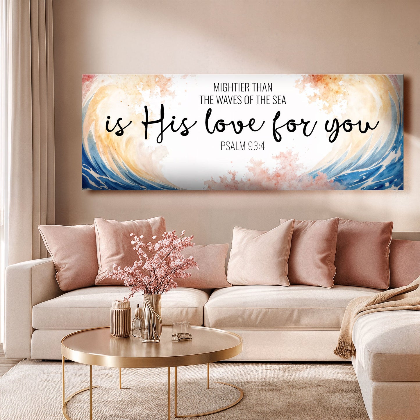 Canvas Mightier Than the Waves of the Sea Psalm 93:4 Faith Sign III with watercolor waves on Tampa Home & Garden Store
