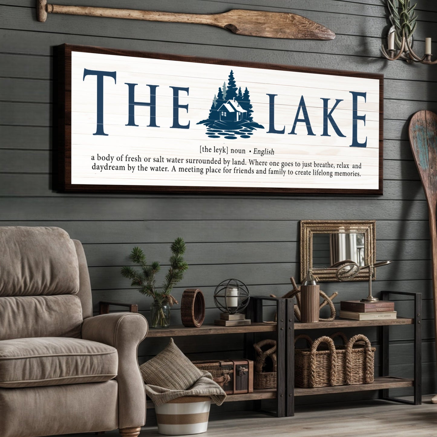 The Definition of Lake Sign II canvas by Tailored Canvases plank background and navy cabin art on Tampa Home & Garden Store
