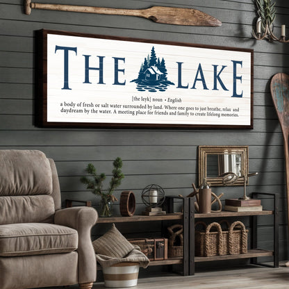 The Definition of Lake Sign II canvas by Tailored Canvases plank background and navy cabin art on Tampa Home & Garden Store