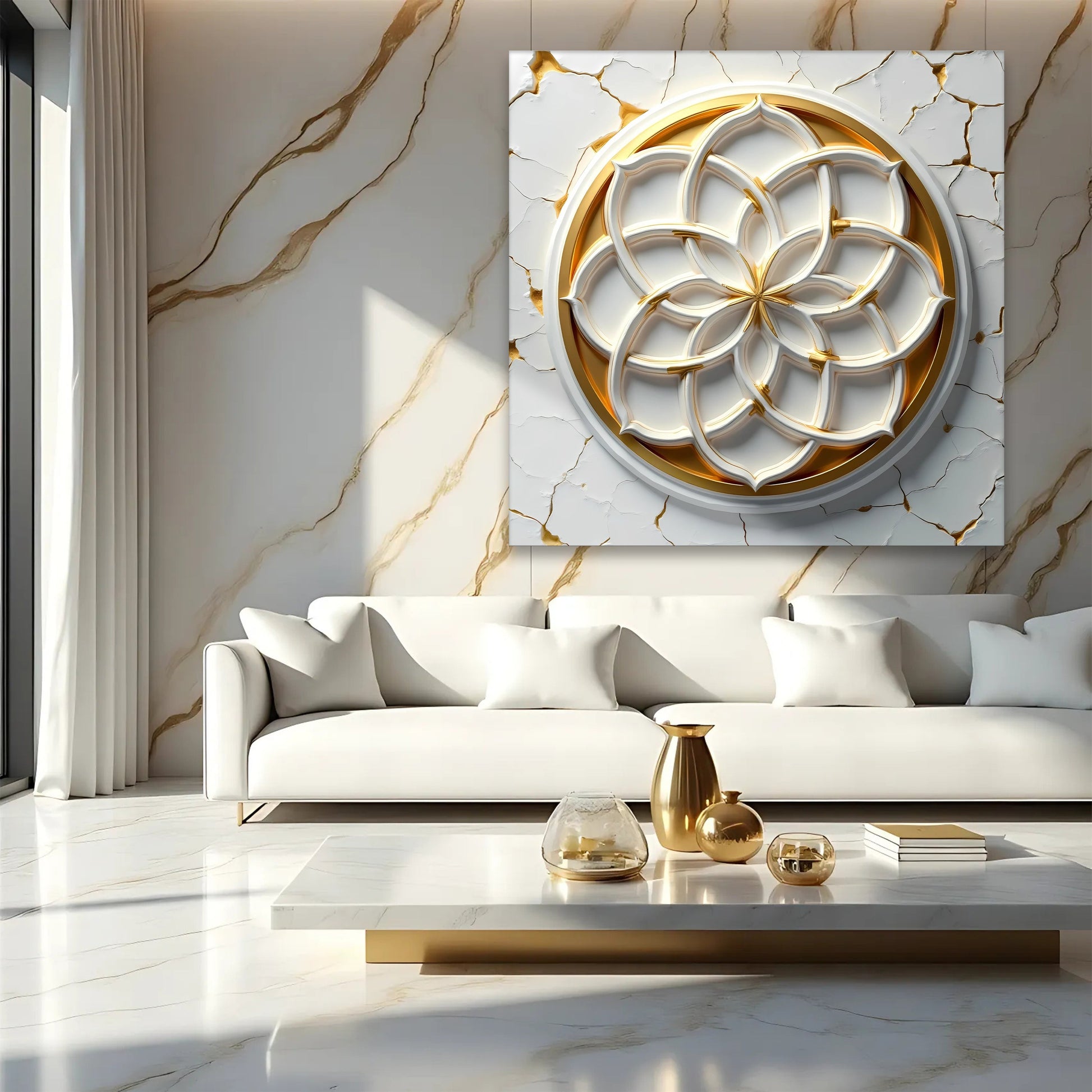 Flower Of Life wall art canvas with gold circular mandala on marble backdrop Tailored Canvases on Tampa Home & Garden Store