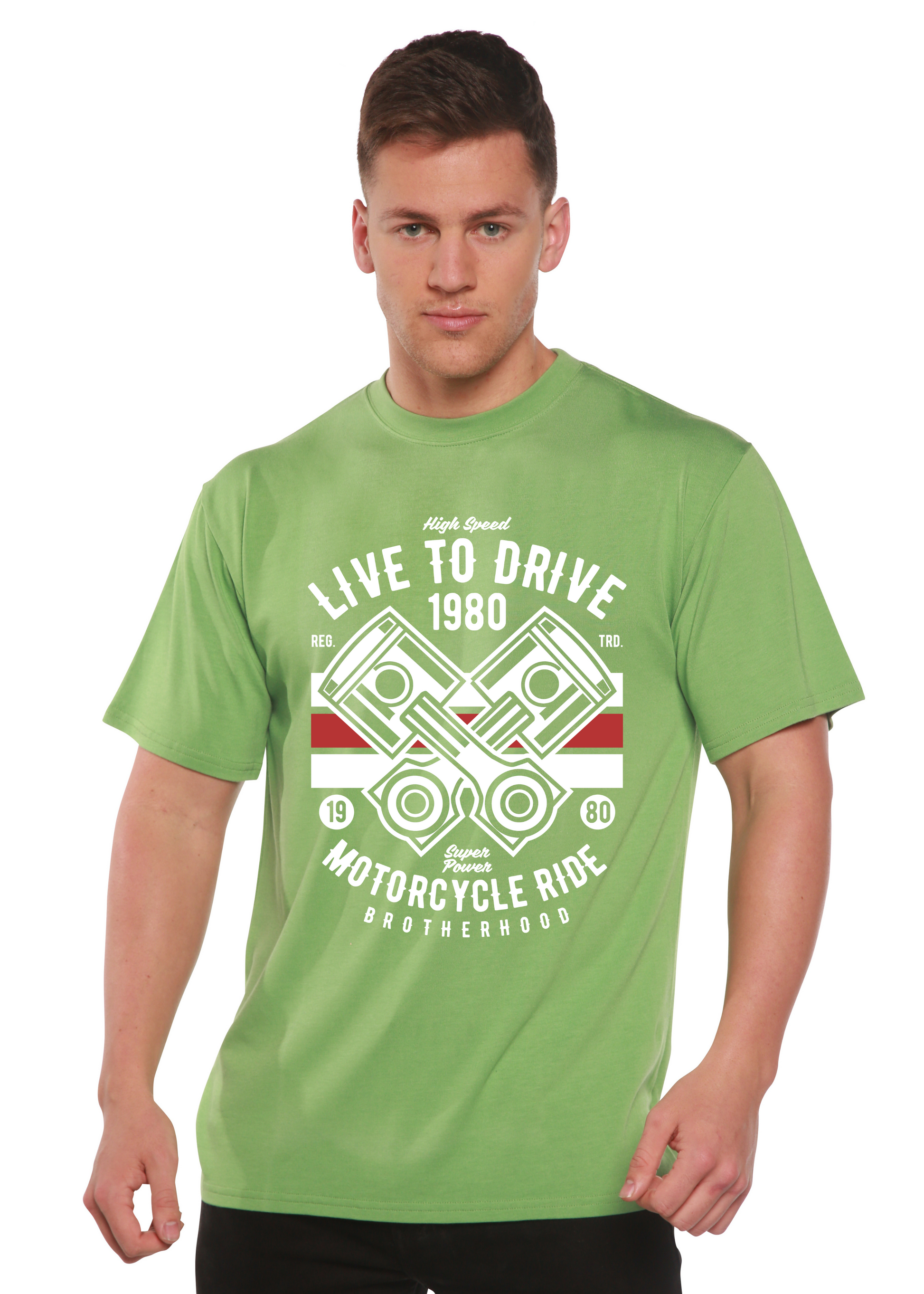 Live To Ride 1980 men's green bamboo viscose/organic cotton graphic tee with bold print on Tampa Home & Garden Store
