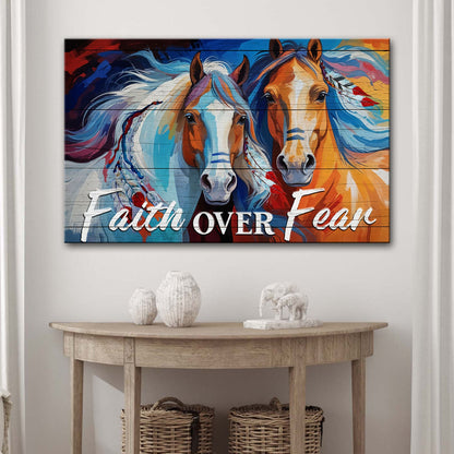 Faith Over Fear Faith Sign IV canvas by Tailored Canvases featuring two teal, blue and orange horses on Tampa Home & Garden Store