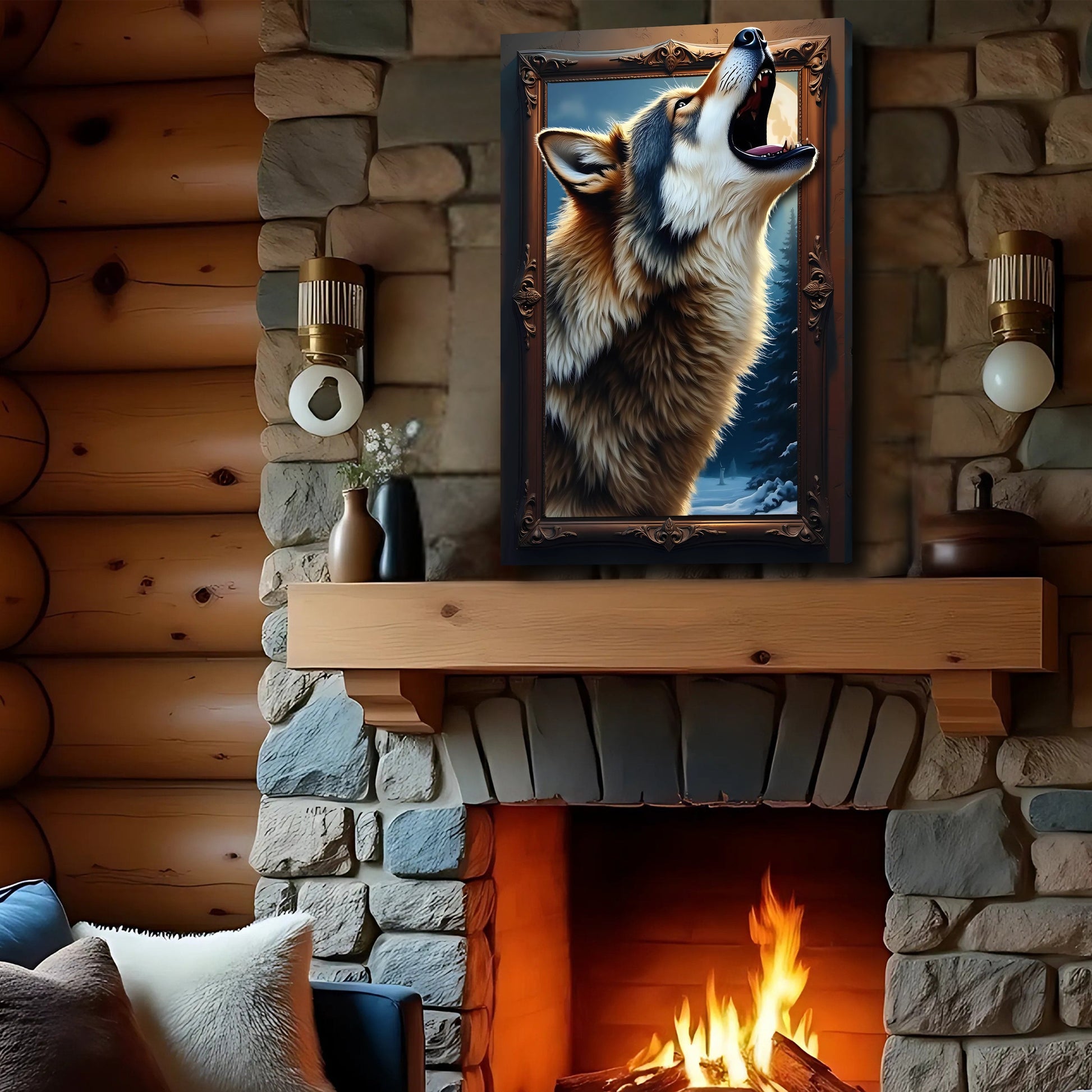 3D Wolf Wall Art crafting canvas by Tailored Canvases, ornate framed wolf portrait in cabin on Tampa Home & Garden Store