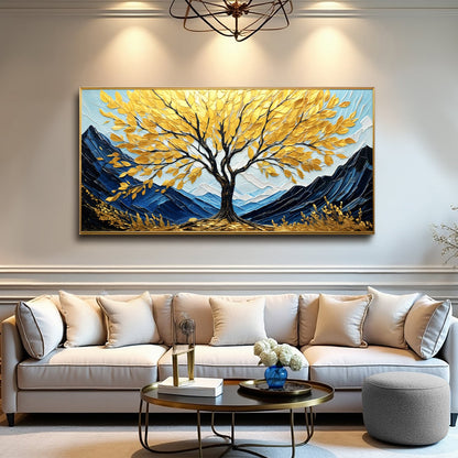 Golden Sanctuary Wall Art canvas by Tailored Canvases with gold leaves on blue peaks, framed on Tampa Home & Garden Store