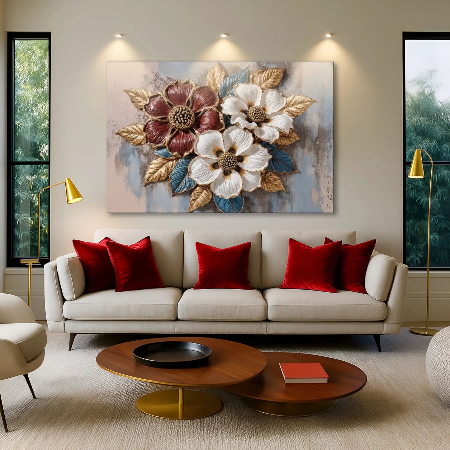 Floral Symphony Wall Art II canvas Tailored Canvases with white and red petals on bluegray background on Tampa Home & Garden Store