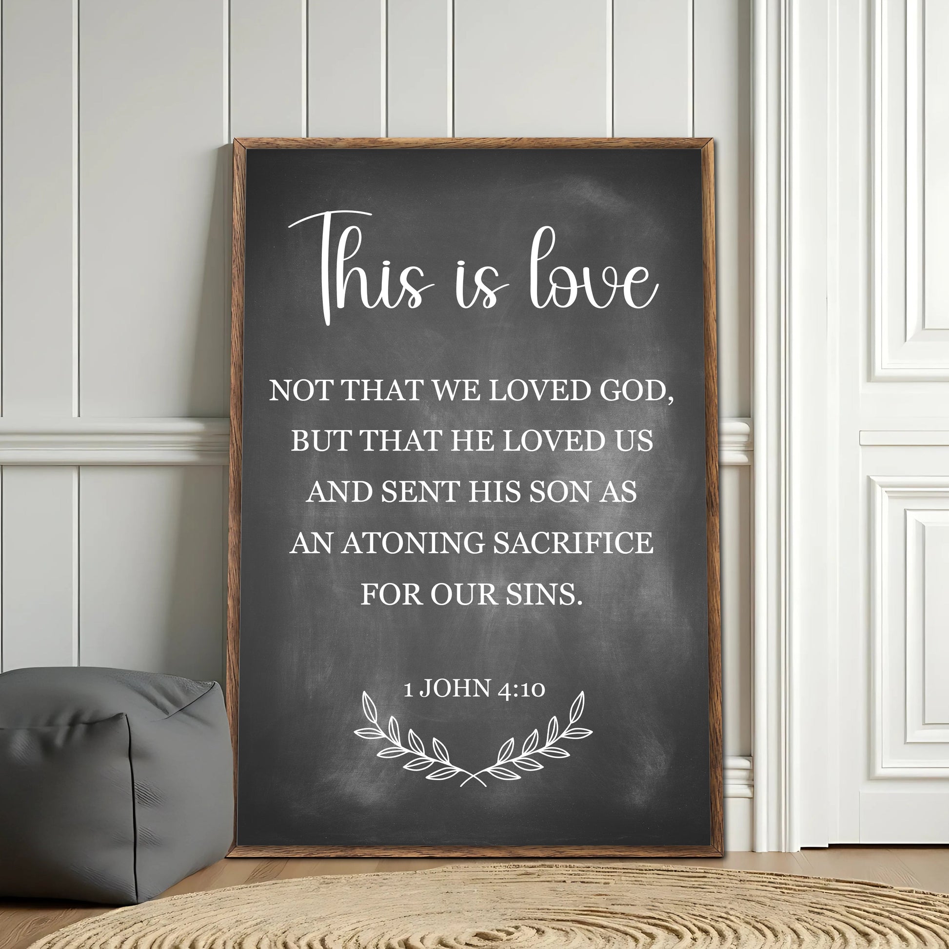Canvas sign This Is Love 1 John 4:10 with chalkboard style and wooden frame on Tampa Home & Garden Store
