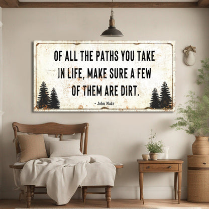 Tailored Canvases canvas sign with weathered white finish and John Muir quote with pine trees on Tampa Home & Garden Store