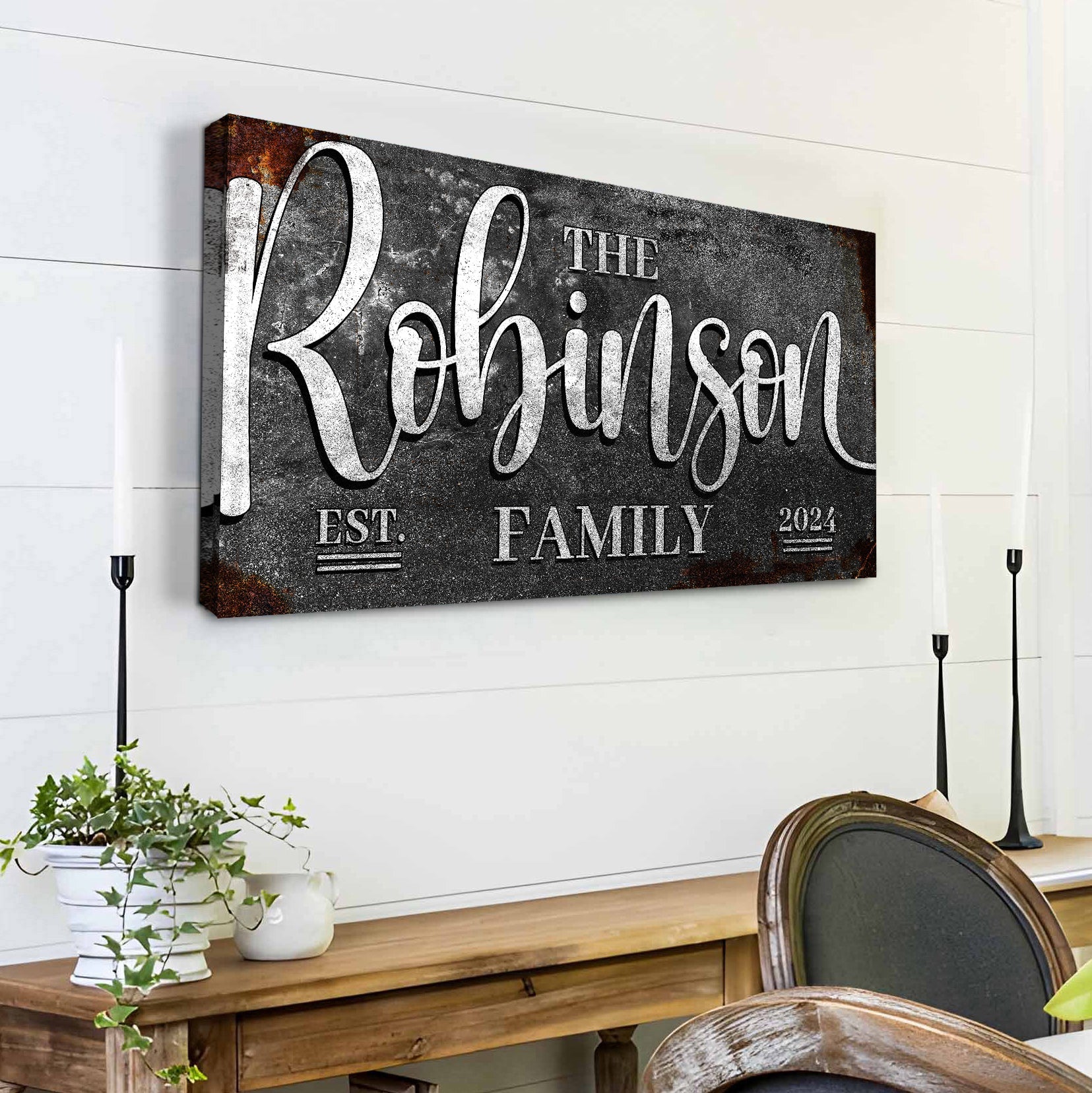 Personalized Family Sign canvas with rustic black distressed background and white script on Tampa Home & Garden Store