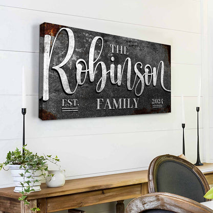 Personalized Family Sign canvas with rustic black distressed background and white script on Tampa Home & Garden Store