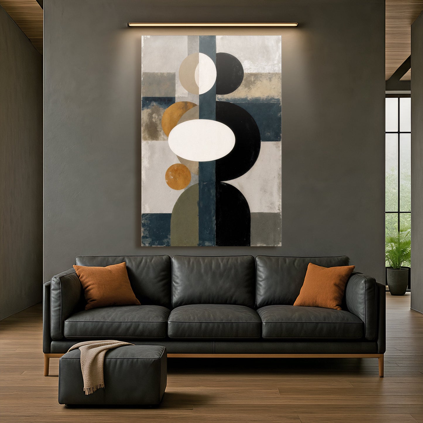 Abstract geometry canvas wall art by Tailored Canvases with beige gray blue circles on Tampa Home & Garden Store