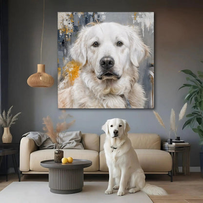 Customized Pet Portrait Wall Art Canvas by Tailored Canvases, white retriever with gray backdrop on Tampa Home & Garden Store