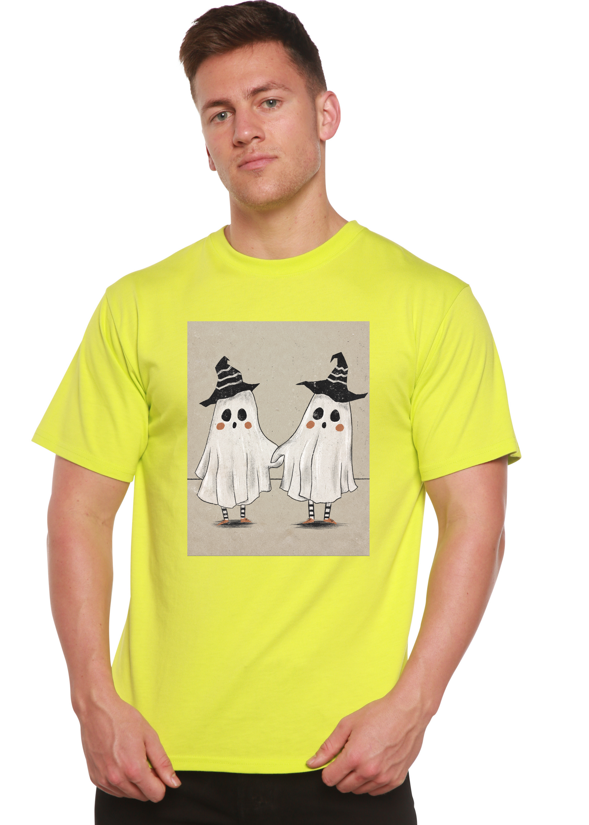 Men's neon yellow graphic T-shirt with ghost print on beige background by Spun Bamboo on Tampa Home & Garden Store