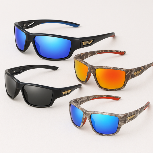 BikerZoneZ polarized sunglasses, 4-pair camo/black with blue/orange mirrored lenses on Tampa Home & Garden Store