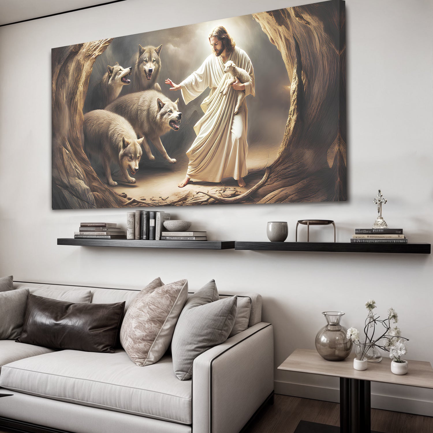 Canvas Jesus Protects The Lamb From Wolves Faith Wall Art III by Tailored Canvases scene on Tampa Home & Garden Store