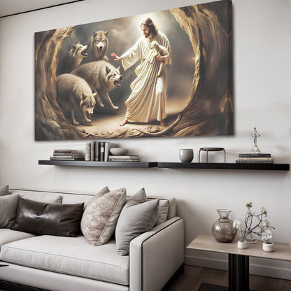 Canvas Jesus Protects The Lamb From Wolves Faith Wall Art III by Tailored Canvases scene on Tampa Home & Garden Store