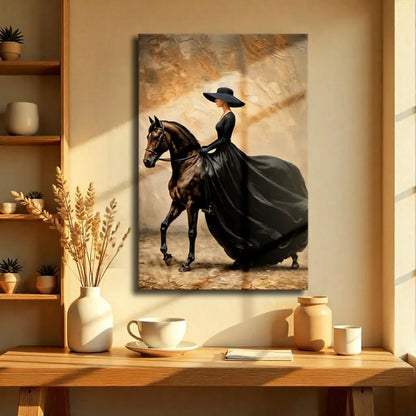 Elegant Equestrian Wall Art canvas by Tailored Canvases; rider on dark horse before backdrop on Tampa Home & Garden Store