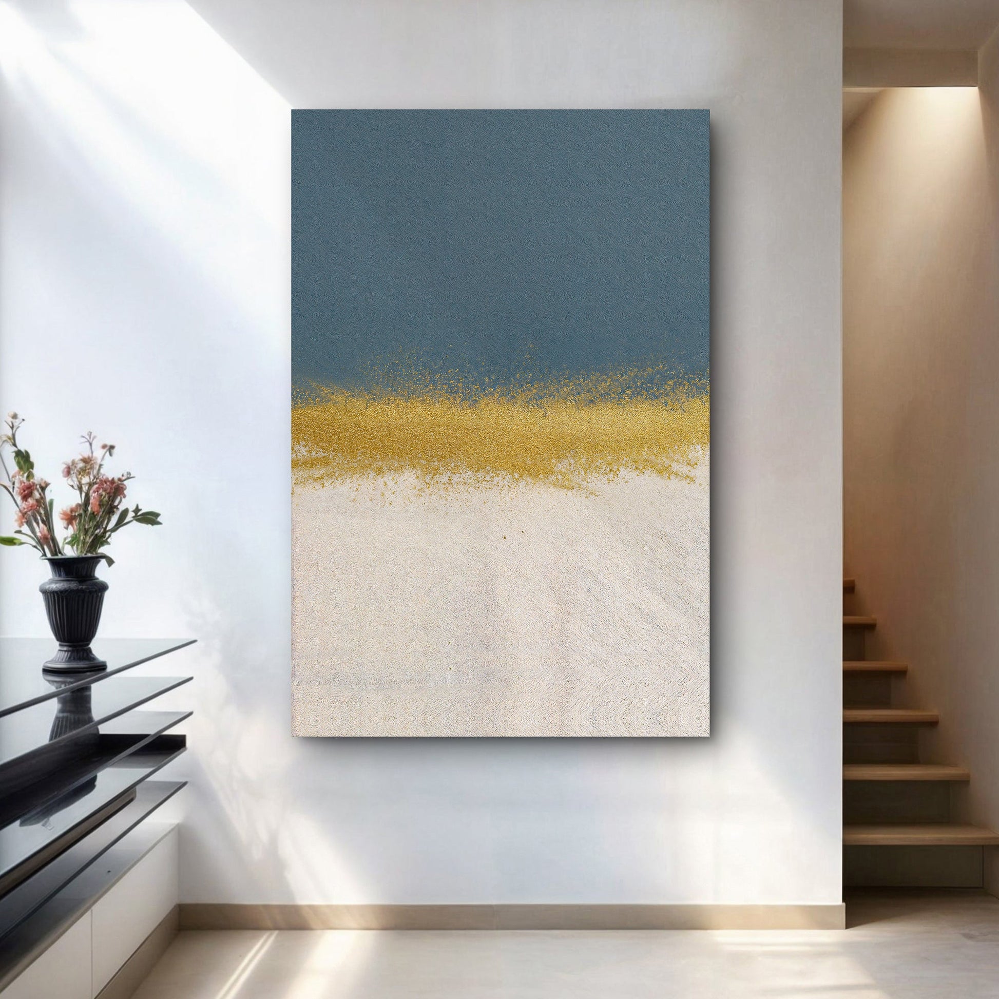 Minimalist blue and gold canvas wall art by Tailored Canvases with navy top and gold bottom on Tampa Home & Garden Store