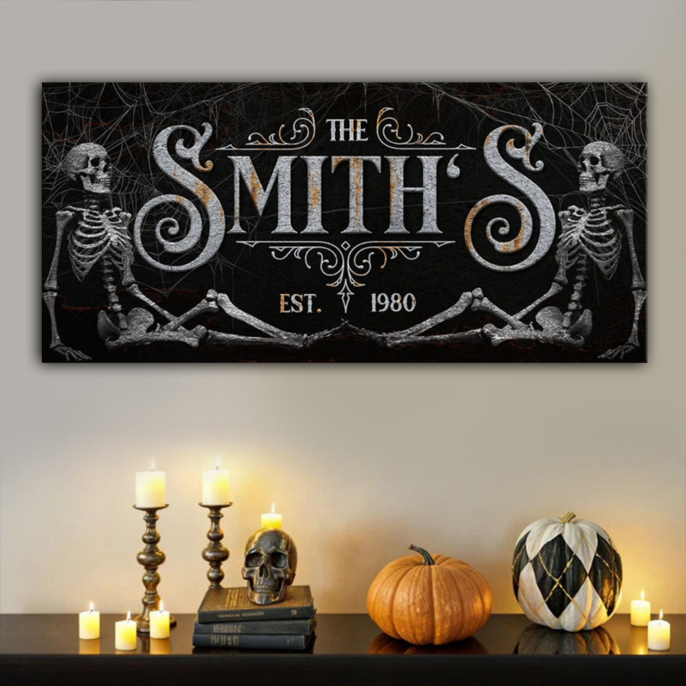 Gothic Family Sign VI canvas by Tailored Canvases, black with skeletons and cobwebs Smiths on Tampa Home & Garden Store