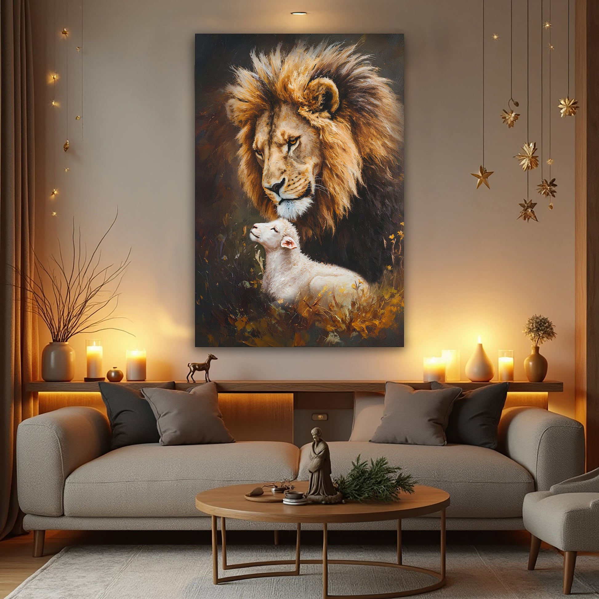 Lion And Sheep Faith Wall Art canvas by Tailored Canvases with lion and lamb in warm tones on Tampa Home & Garden Store