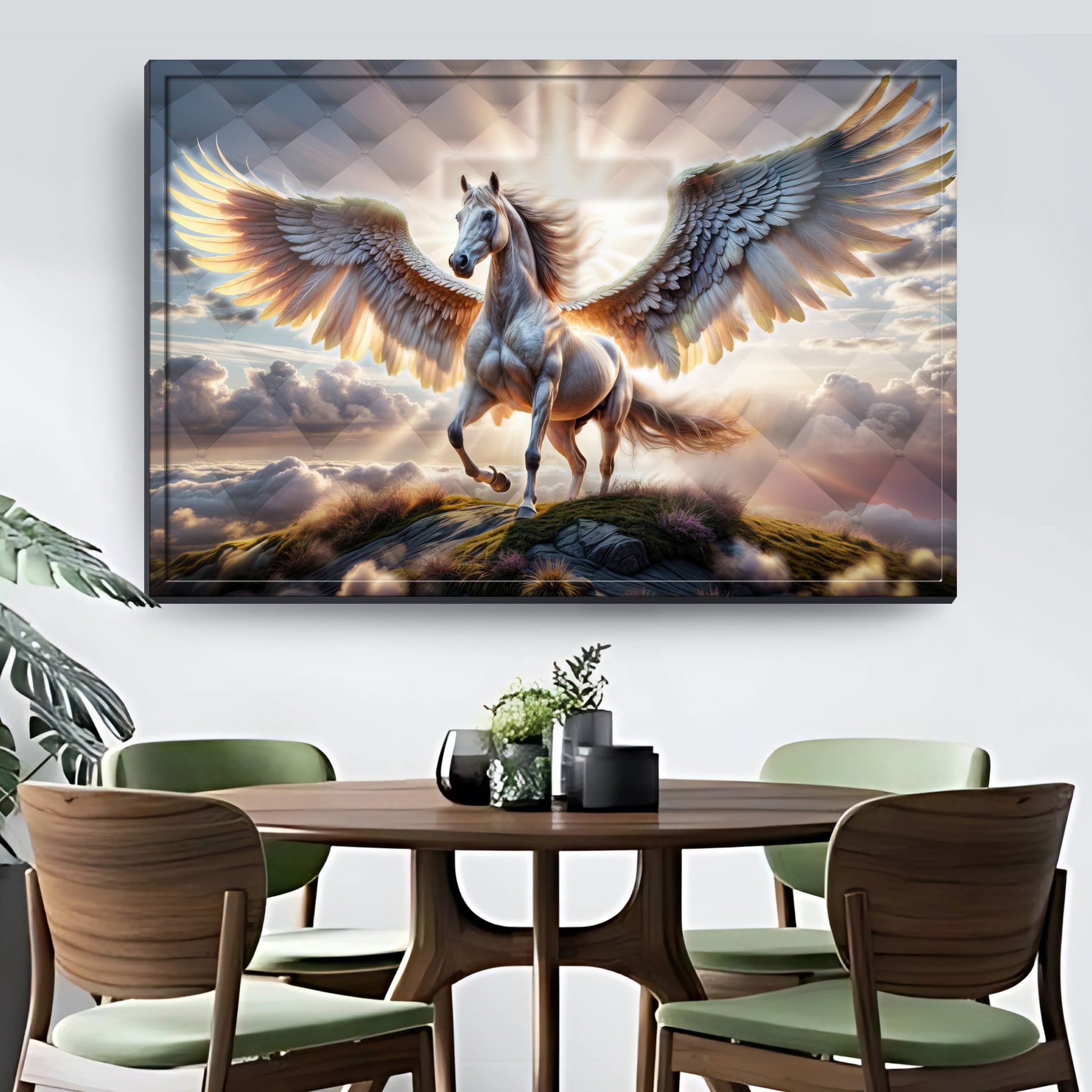 3D Horse Faith Wall Art Canvas by Tailored Canvases featuring a winged horse in a sunlit sky on Tampa Home & Garden Store
