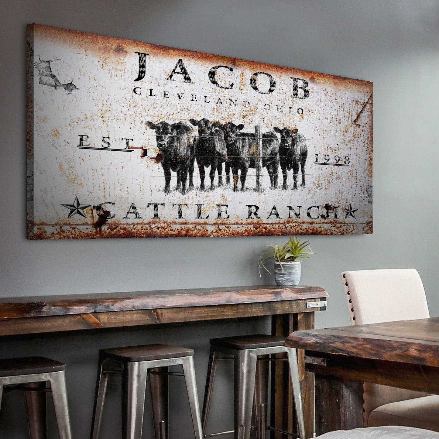 Cattle Ranch Sign IV canvas by Tailored Canvases with rustic weathered finish and cattle herd on Tampa Home & Garden Store