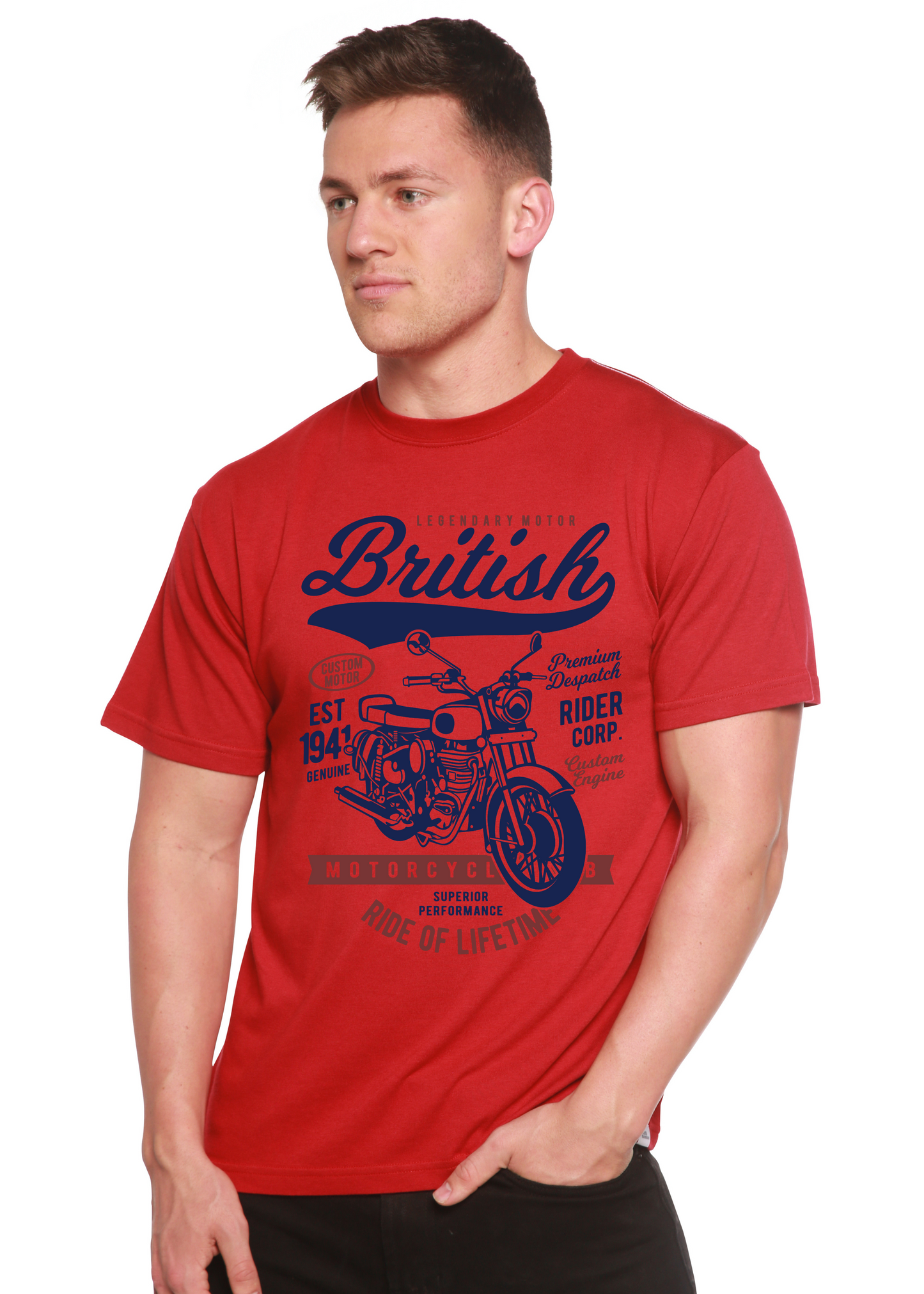 British Motorcycle men's red bamboo-viscose graphic T-shirt with blue motorcycle illustration on Tampa Home & Garden Store