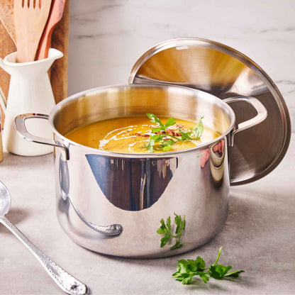 Alva Cookware 5-Ply Stainless Steel Cookware Set, 14-Piece; two polished pots with soup on Tampa Home & Garden Store