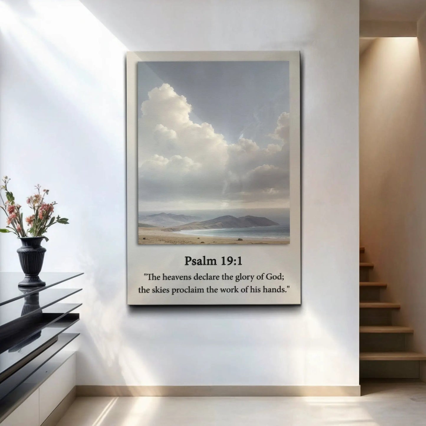 Psalm 19:1 faith sign canvas with sky and clouds over mountains, light beige frame on Tampa Home & Garden Store