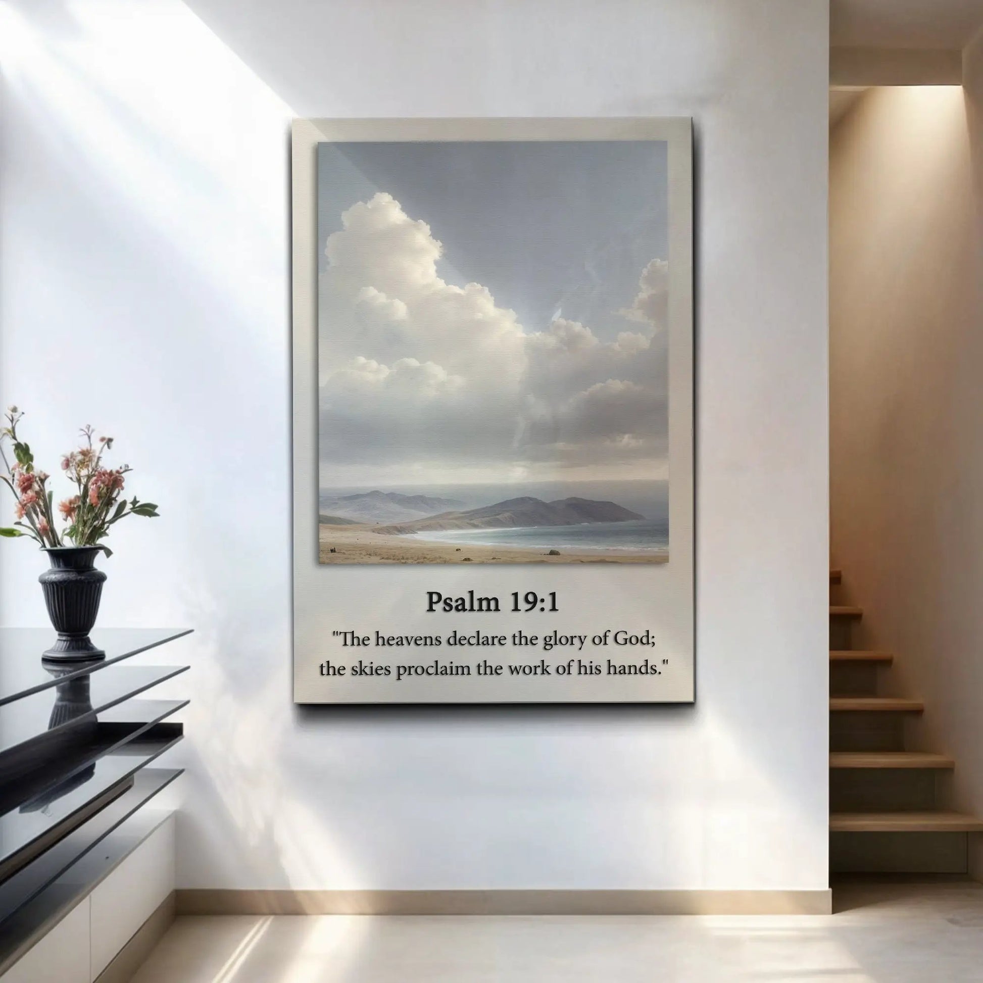 Psalm 19:1 faith sign canvas with sky and clouds over mountains, light beige frame on Tampa Home & Garden Store