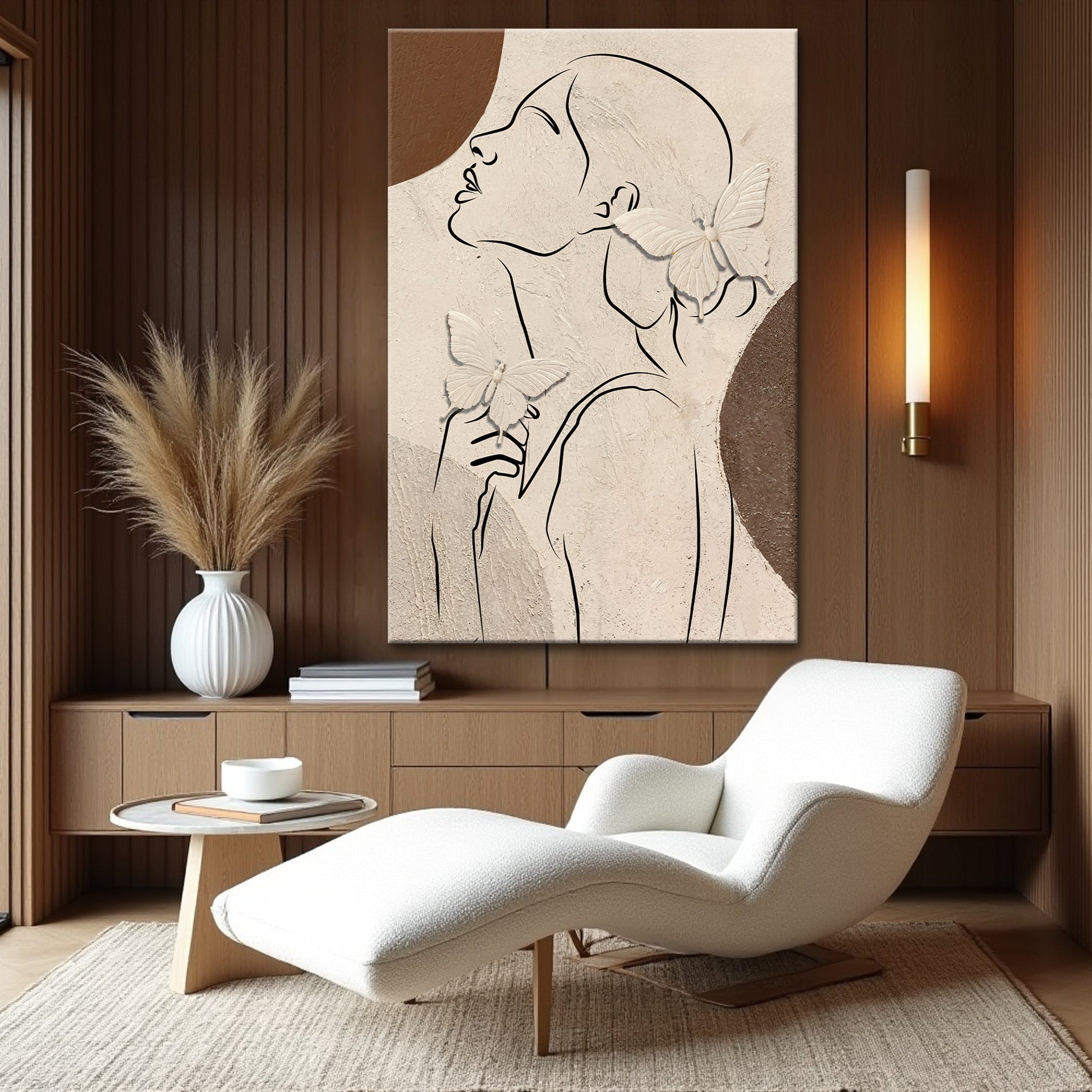 Minimalist Woman Line Art Canvas Wall Art beige with black outline and white butterflies on Tampa Home & Garden Store