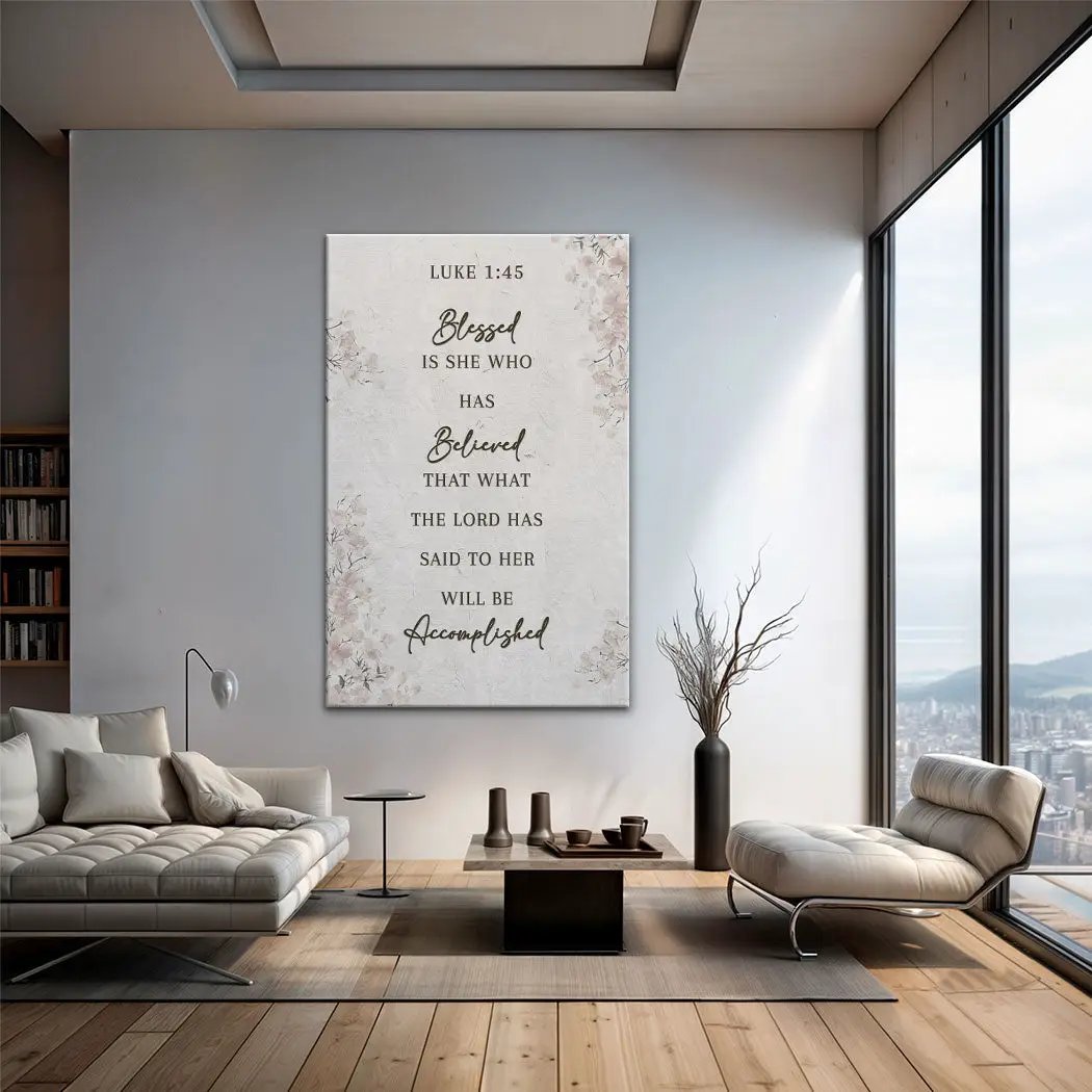 Canvas wall art cream backdrop with florals Luke 1:45 Blessed Is She Believed Tailored Canvases on Tampa Home & Garden Store