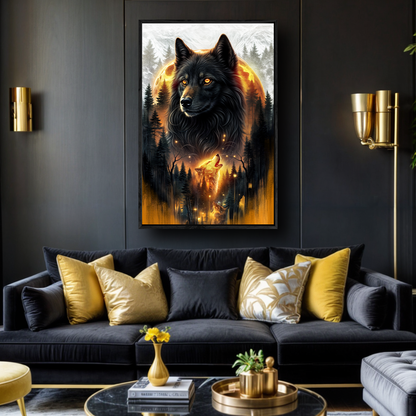 Eclipse of the Alpha Wolf Wall Art canvas in a black frame by Tailored Canvases, wolf scene on Tampa Home & Garden Store