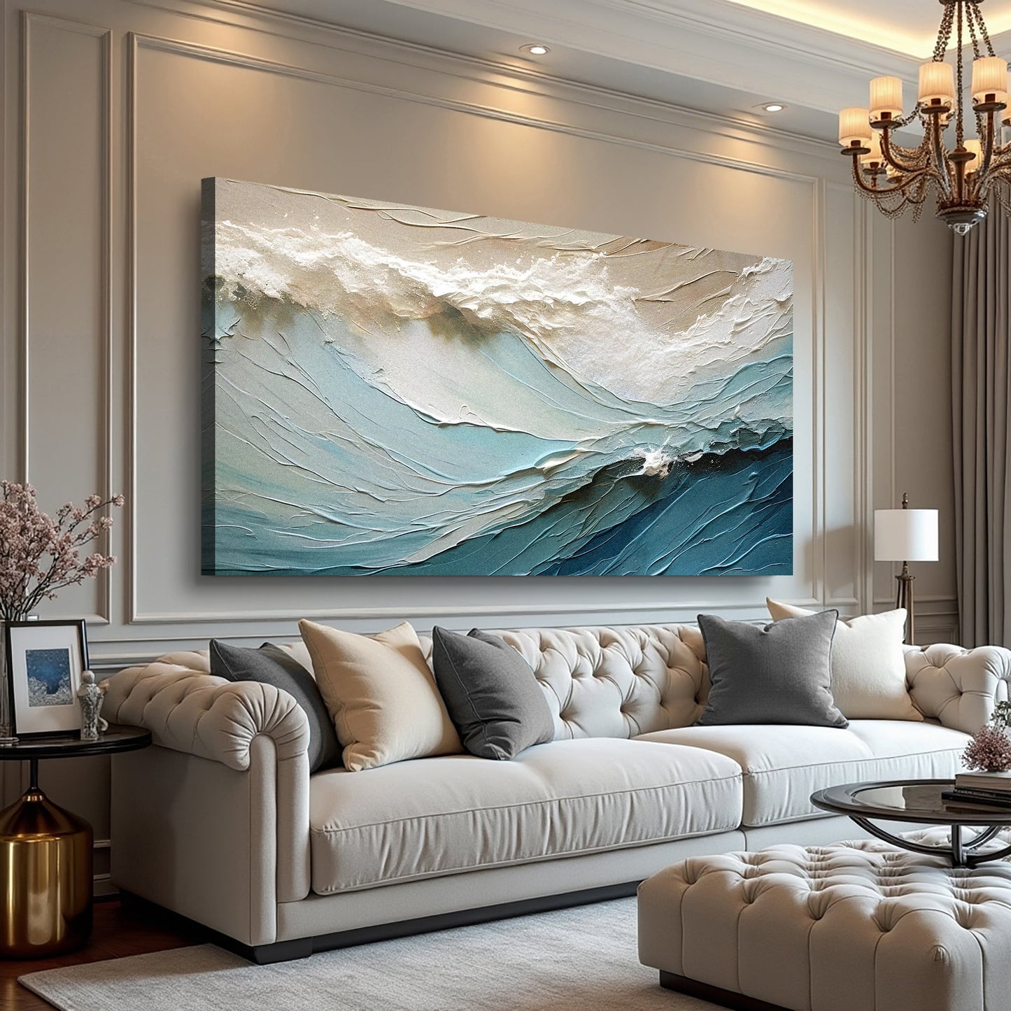 Beige minimalist canvas wall art with textured wave pattern in blue tones on paneled wall on Tampa Home & Garden Store