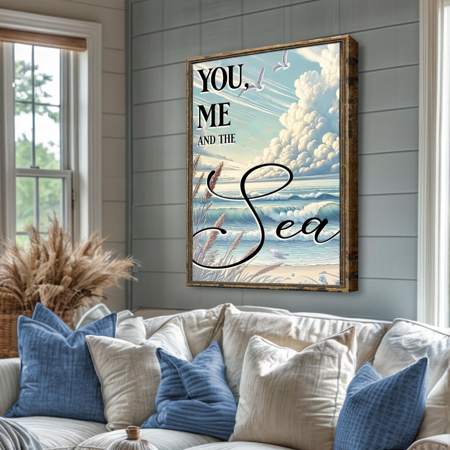 You Me and the Sea coastal sign canvas by Tailored Canvases, rustic wood framed wall art on Tampa Home & Garden Store