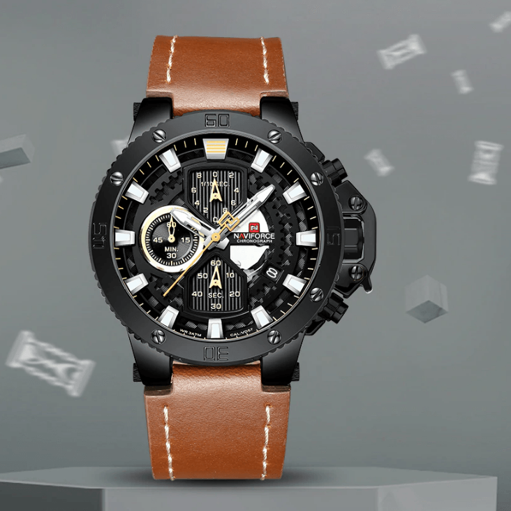 Men's casual waterproof watch Stevvex with brown leather strap and luminous hands on Tampa Home & Garden Store