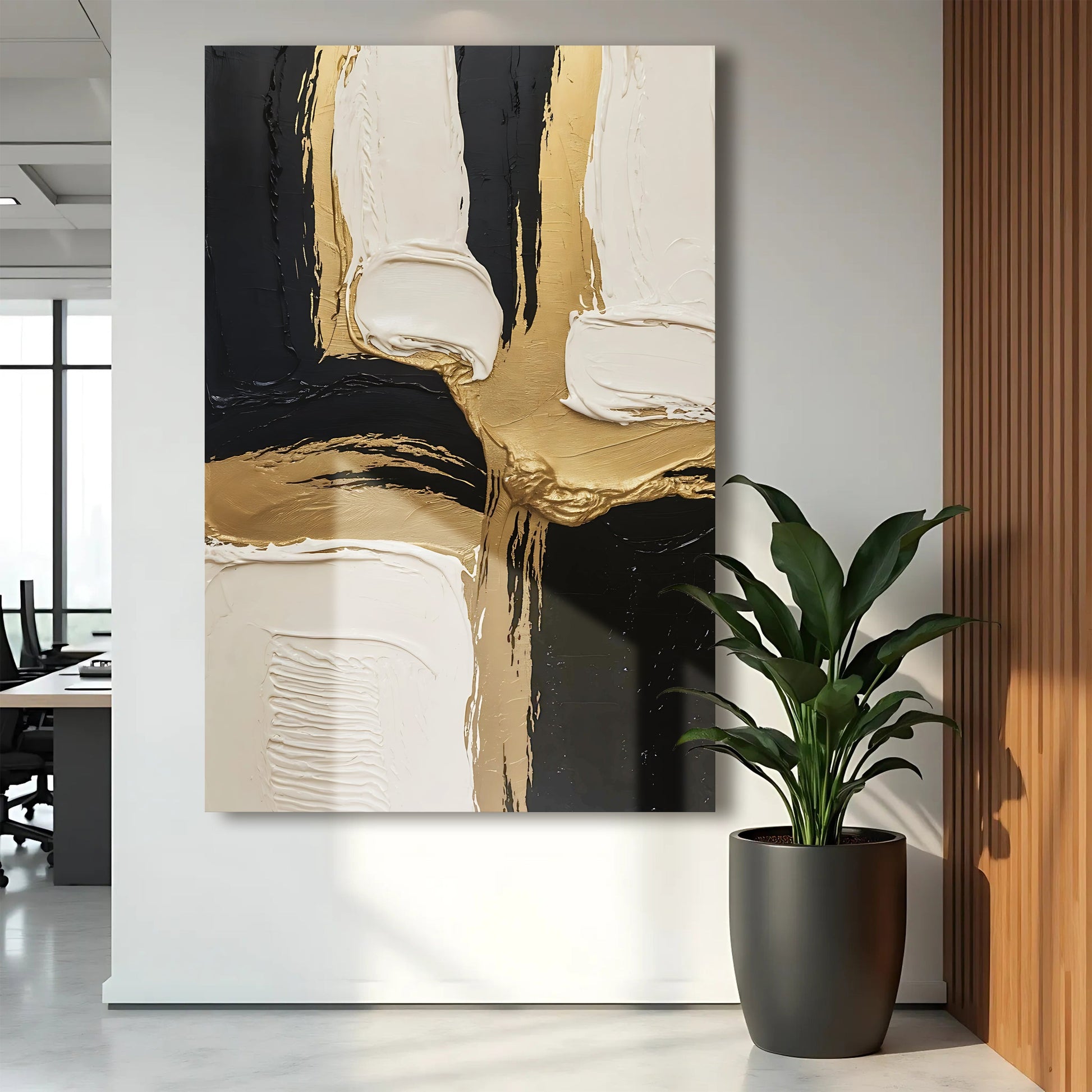 Black White and Gold Wall Art canvas by Tailored Canvases with gold black white strokes on Tampa Home & Garden Store