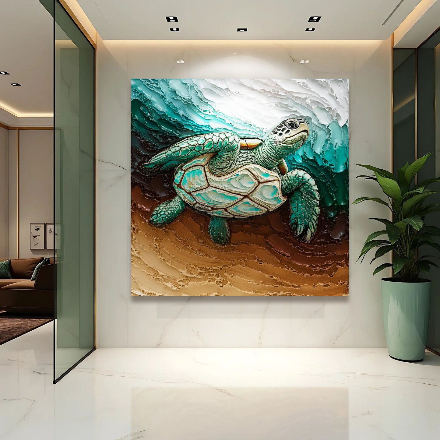 3D Turtle Wall Art Canvas with teal textured waves by Tailored Canvases on Tampa Home & Garden Store