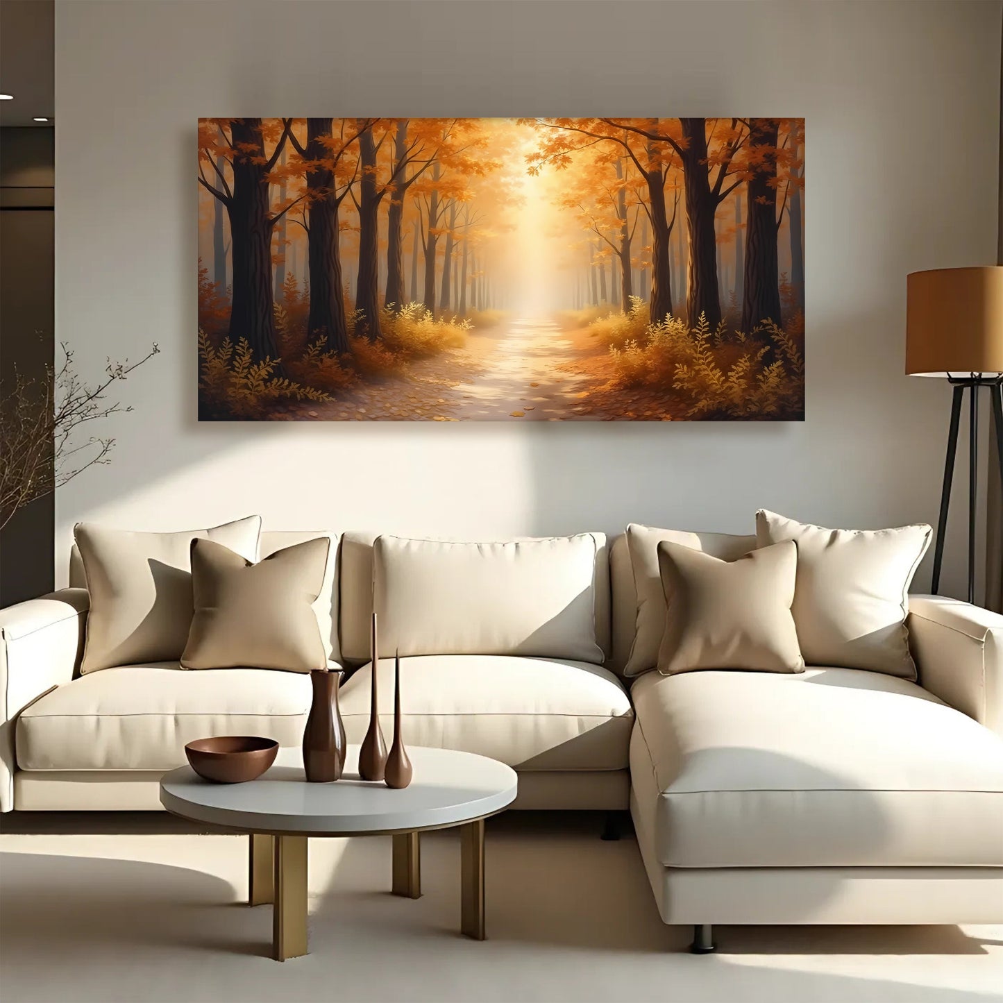 Abstract Forest Landscape Wall Art canvas featuring orange autumn trees and a sunlit path on Tampa Home & Garden Store