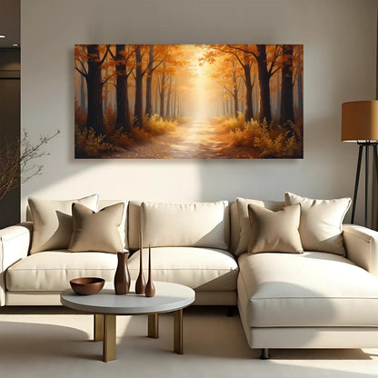 Abstract Forest Landscape Wall Art canvas featuring orange autumn trees and a sunlit path on Tampa Home & Garden Store