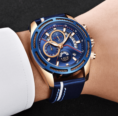 Stevvex men's waterproof sport watch with blue dial, gold-tone case, blue leather strap on Tampa Home & Garden Store