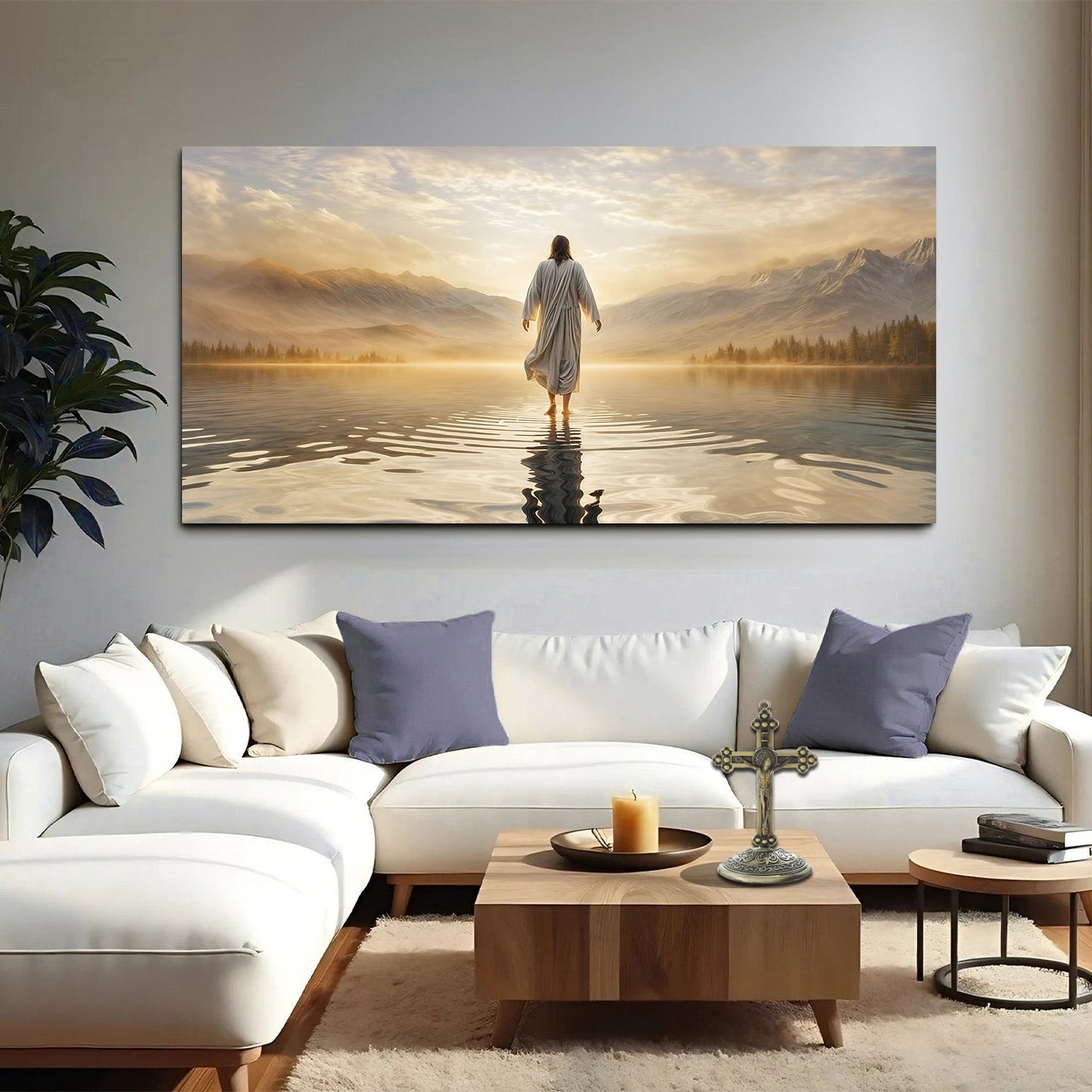 Reflections Faith Wall Art III canvas; robed figure walking on a calm lake at sunrise on Tampa Home & Garden Store