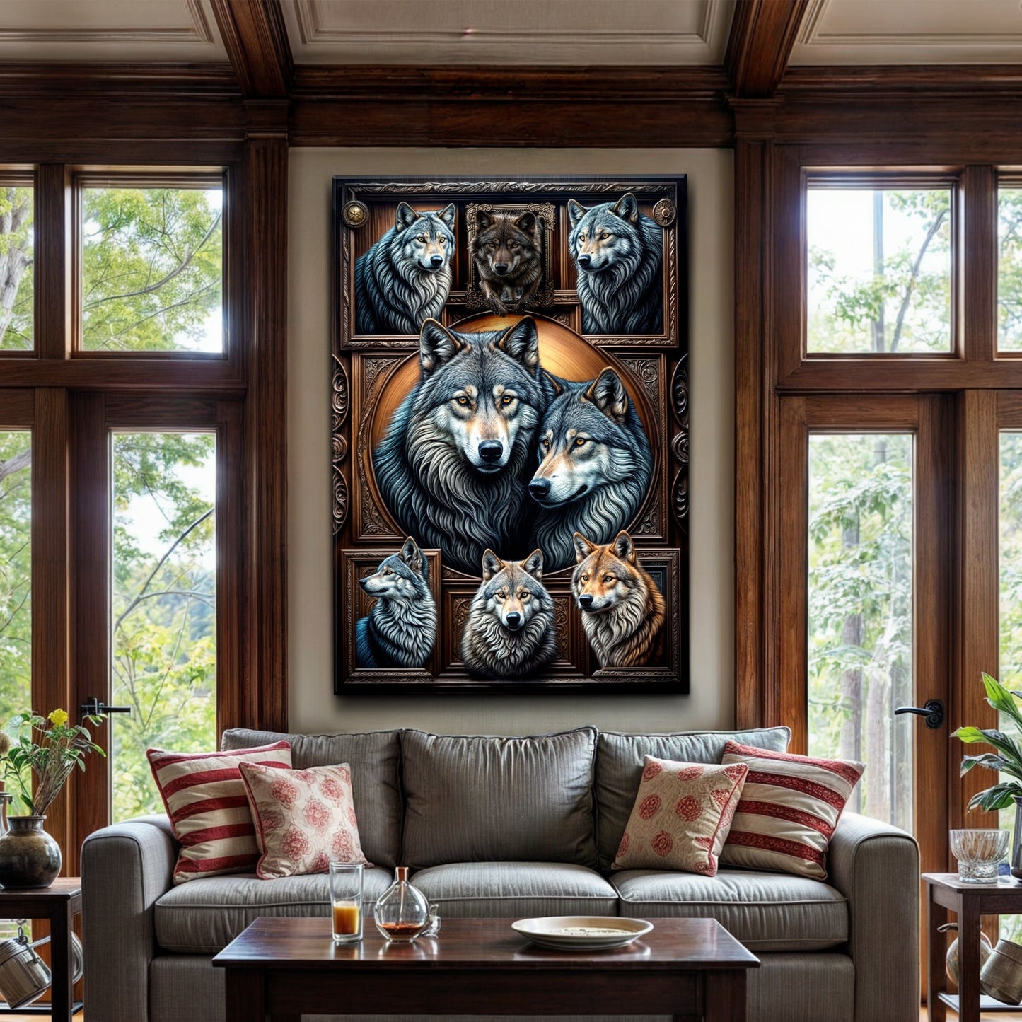3D Wolf Collage Wall Art III canvas by Tailored Canvases; ornate framed multi-wolf portrait on Tampa Home & Garden Store