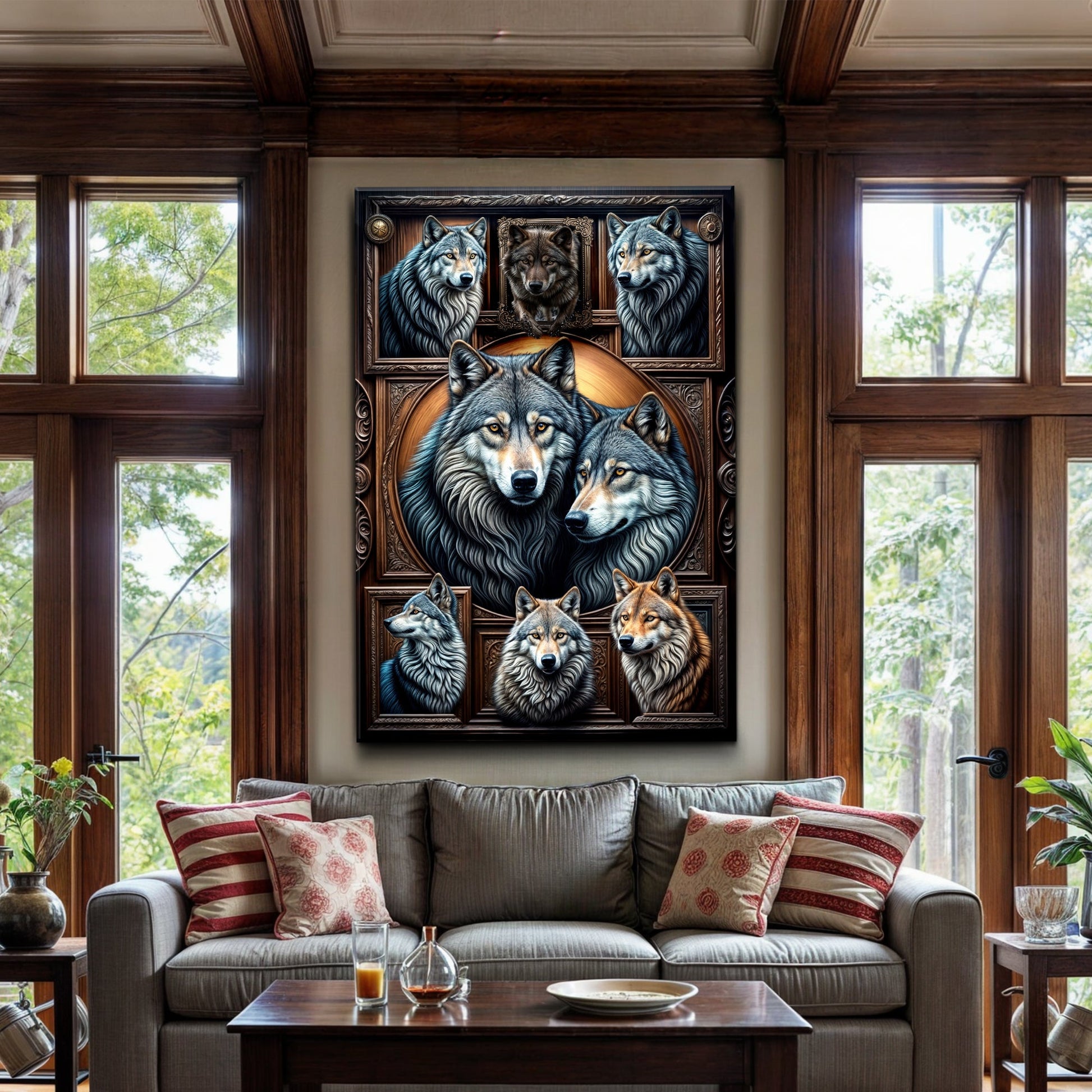 3D Wolf Collage Wall Art III canvas by Tailored Canvases; ornate framed multi-wolf portrait on Tampa Home & Garden Store